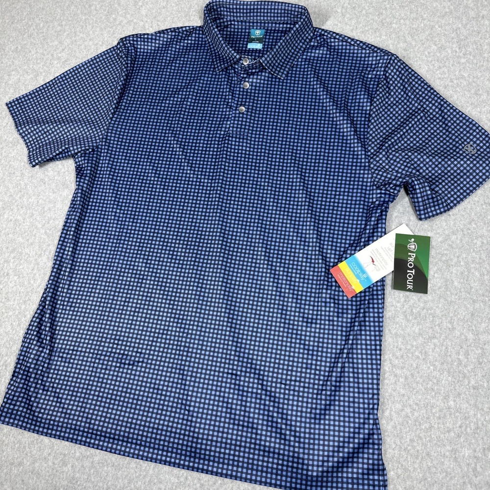 Pro‎ Tour Coolplay Golf Polo Men's Size Large Blue Check Pattern Stretch NWT